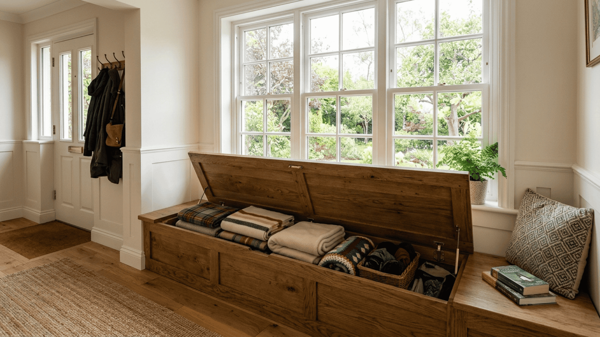 built-in window bench with hinged seat top propped open revealing deep hidden storage compartment holding seasonal items inside