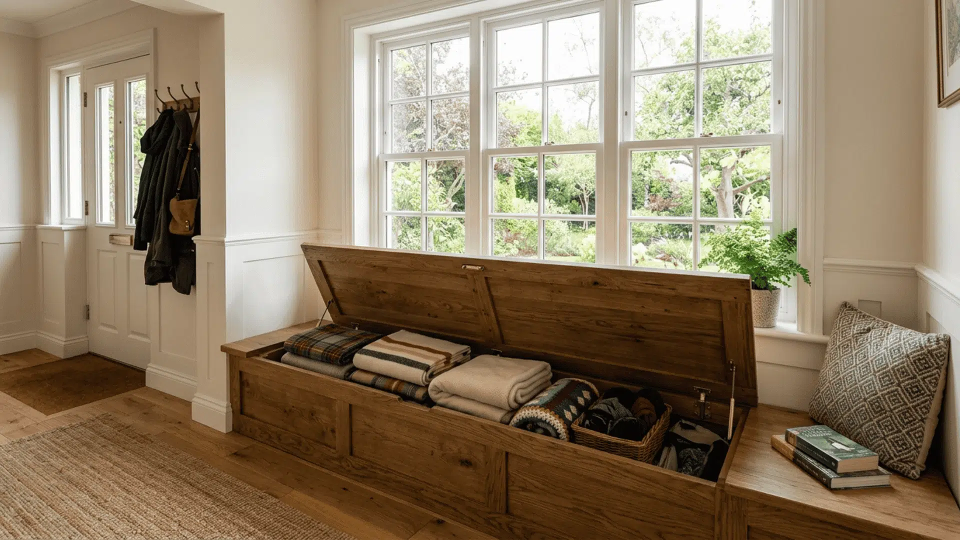 built-in window bench with hinged seat top propped open revealing deep hidden storage compartment holding seasonal items inside