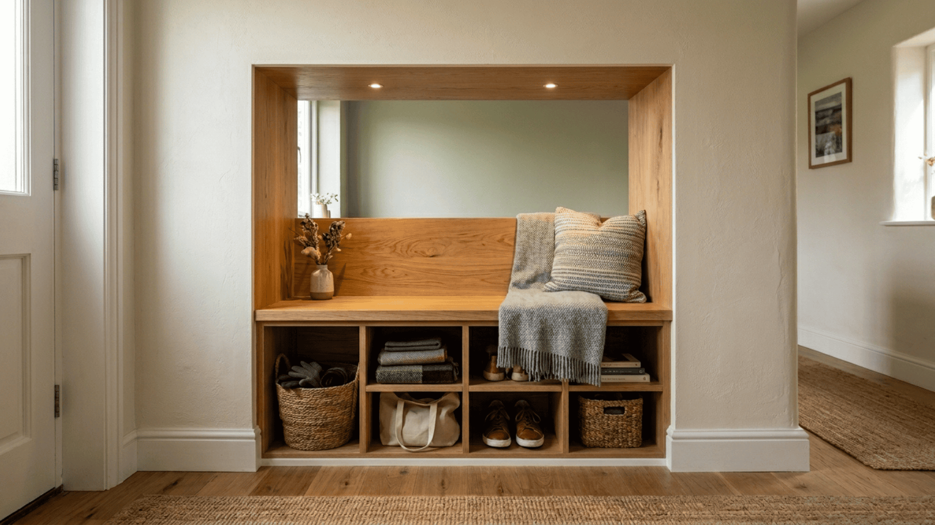 built-in wooden bench fitted flush inside a recessed wall alcove with open cubby storage visible beneath seat on both sides