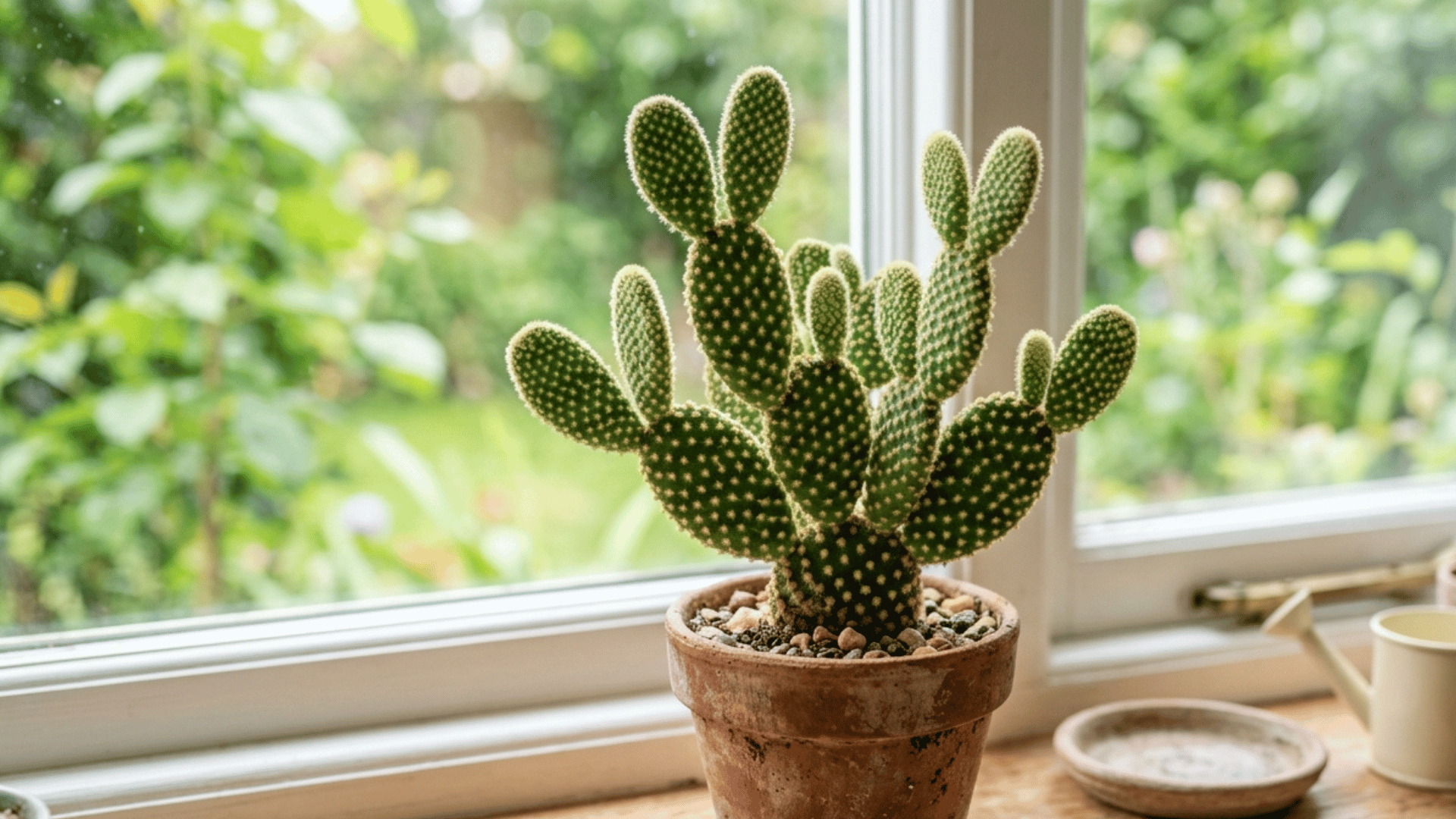 bunny ear cactus with pad-shaped stems in a clay pot on a bright windowsill.