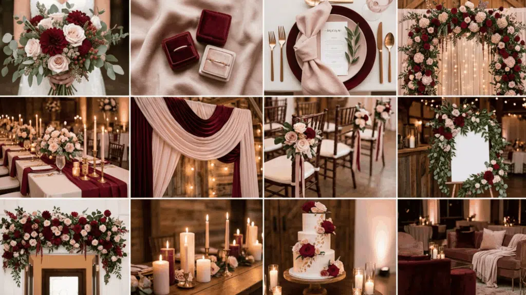 burgundy and blush wedding color scheme collage with romantic florals candles and table setup