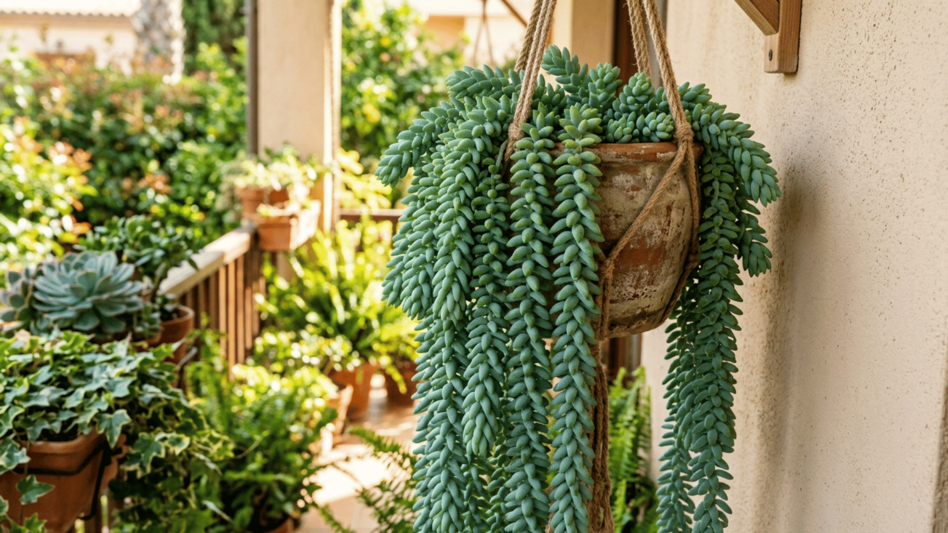 burro’s tail succulent with thick trailing stems in a hanging pot outdoors.