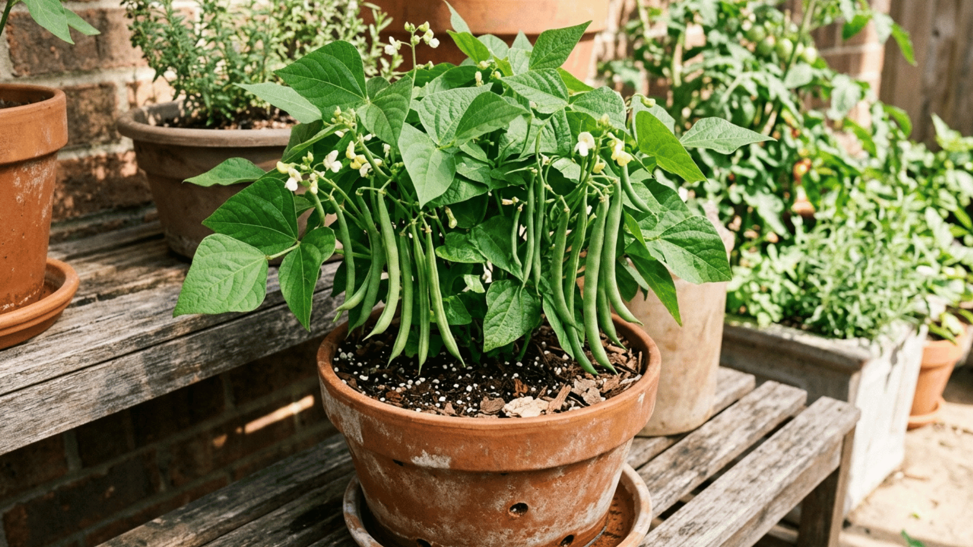 bush beans growing in a container with green pods hanging from the plant.