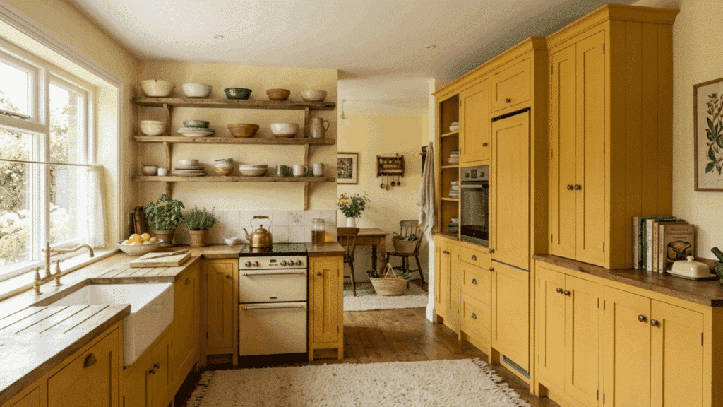 butter yellow kitchen with pale walls, warm cabinets, and wooden shelves