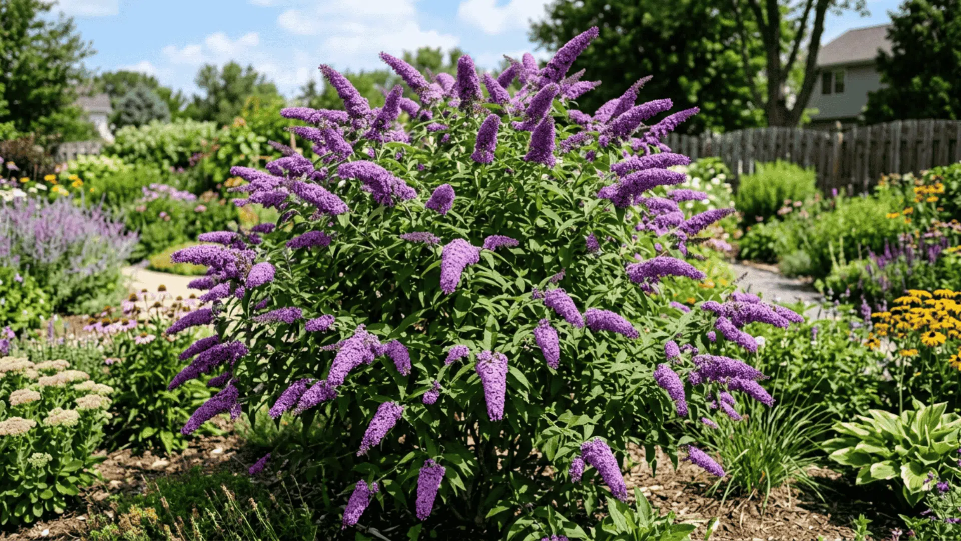 butterfly bush shrub with long cone shaped purple flower spikes blooming in a bright sunny garden in summer
