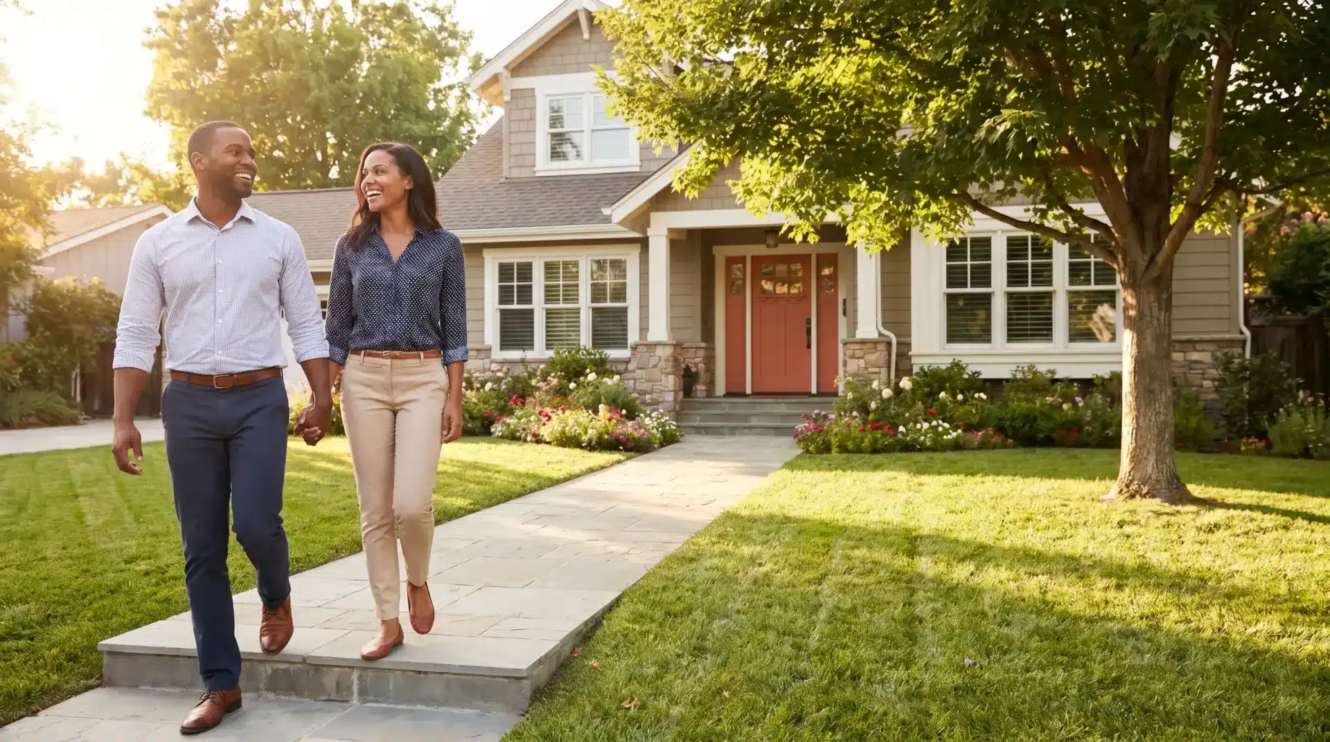 Couple walking on pathway in front of house with landscaped garden and large tree