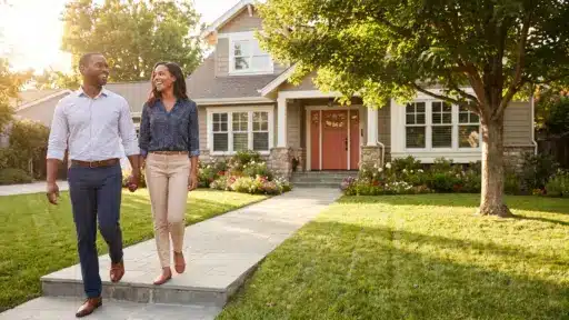 Couple walking on pathway in front of house with landscaped garden and large tree