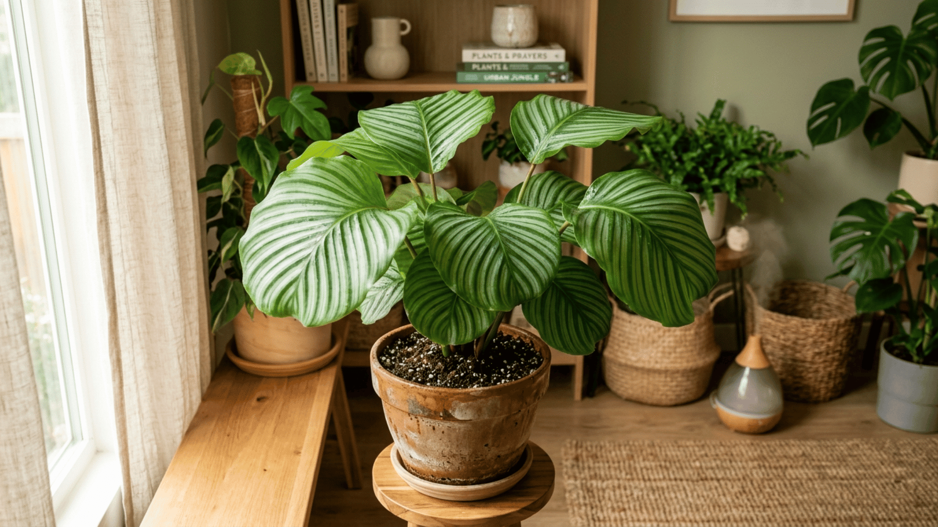 calathea plant with patterned leaves placed in a pot in a well-lit indoor space with a natural and relaxed atmosphere