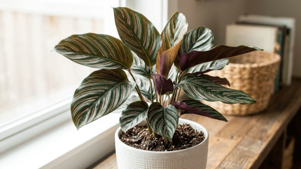 calathea plant with striped green and purple leaves in white pot on wooden shelf near window with soft natural lighting