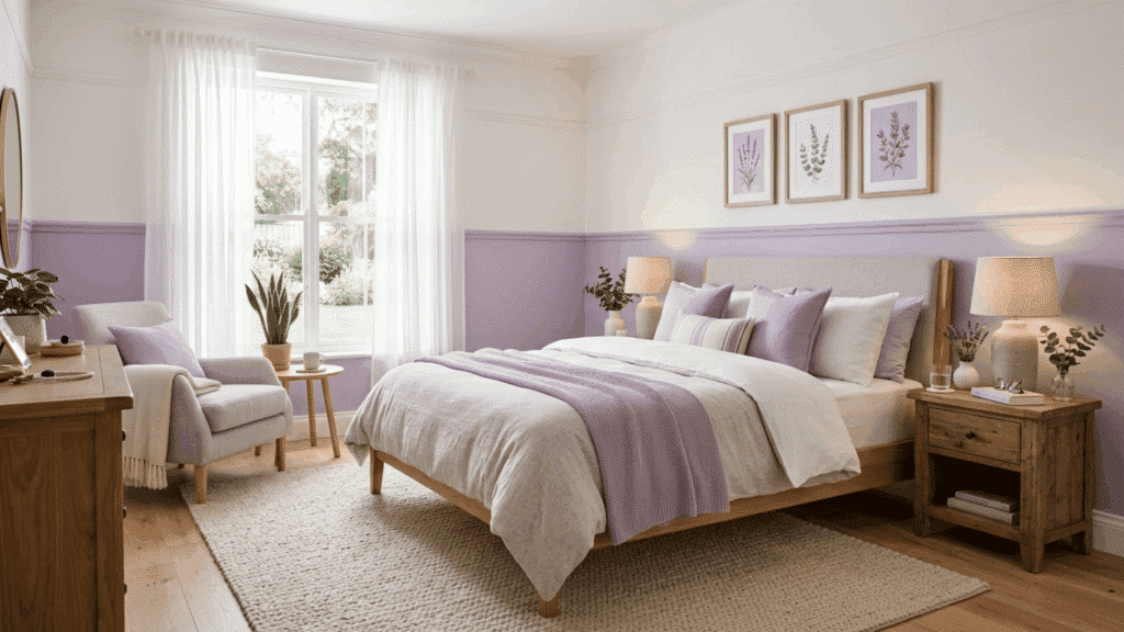 calm bedroom with lavender lower wall and soft white upper wall styled with light furnishings and warm lighting