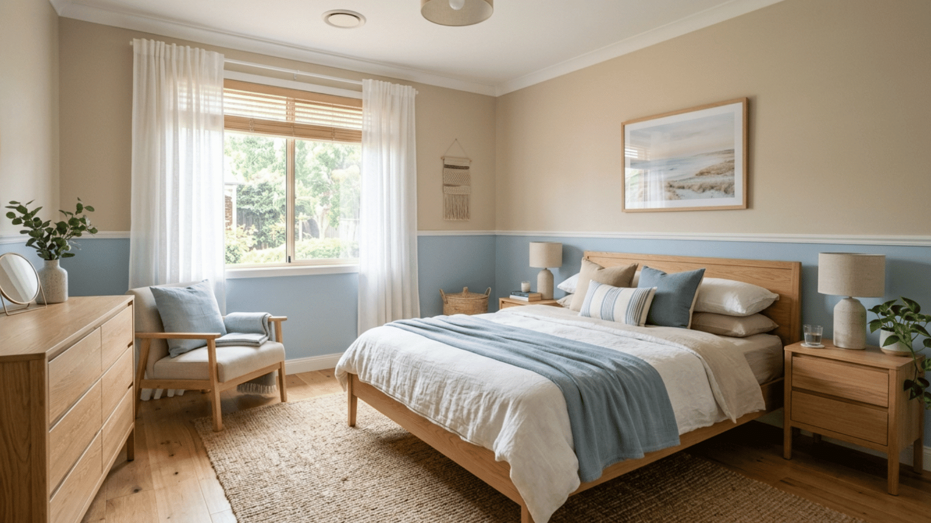 calm bedroom with pale blue lower wall and sand beige upper wall styled with light wood furniture and linen textiles