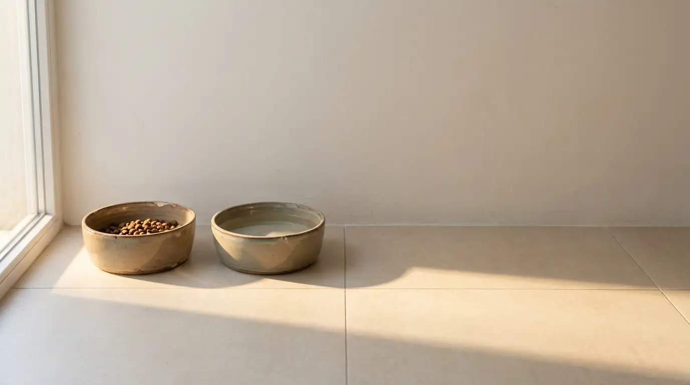 Two ceramic pet bowls on tiled floor with sunlight streaming through window