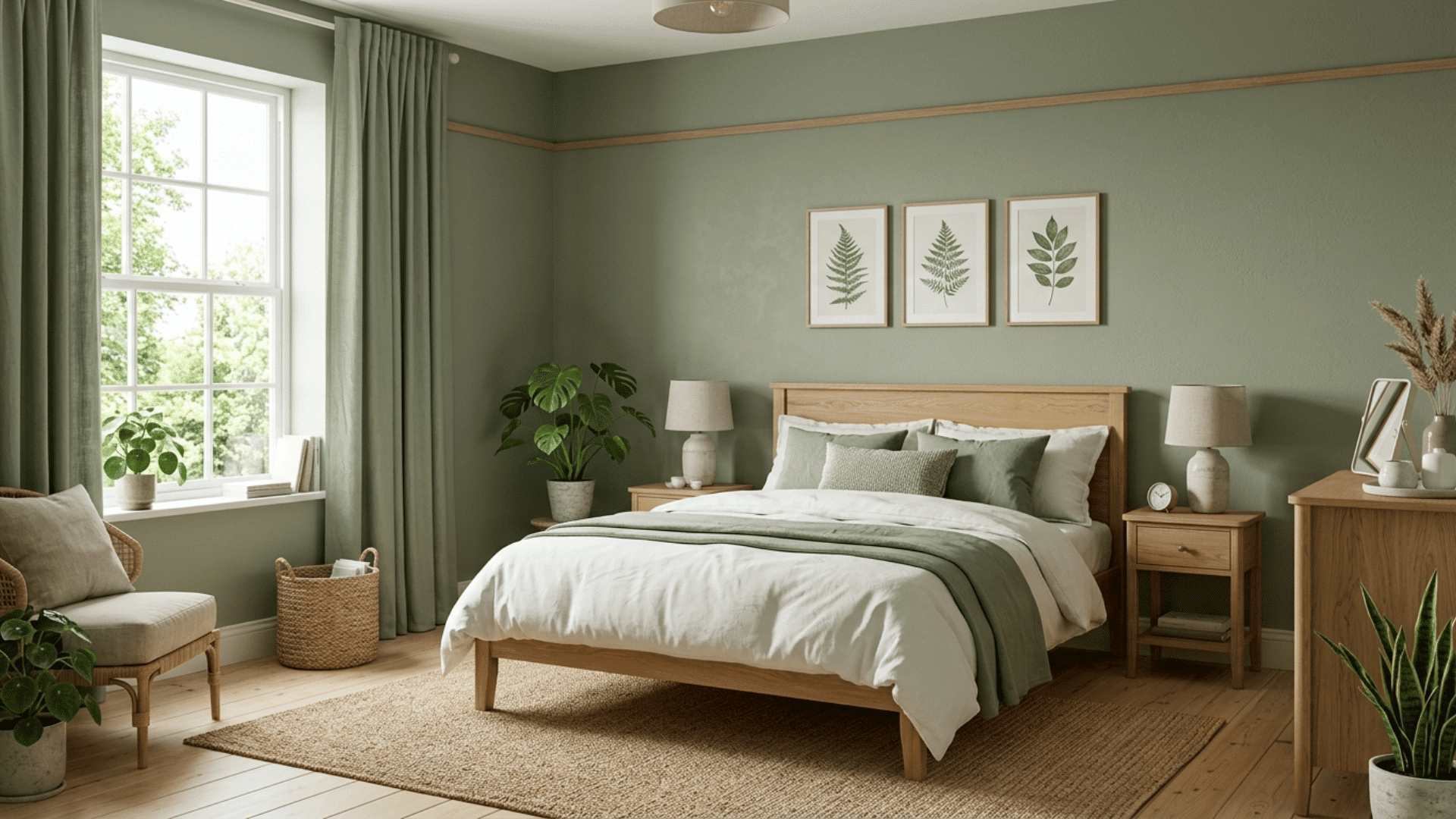 calming green bedroom with natural wood furniture, botanical wall art, indoor plants, and soft daylight from large window
