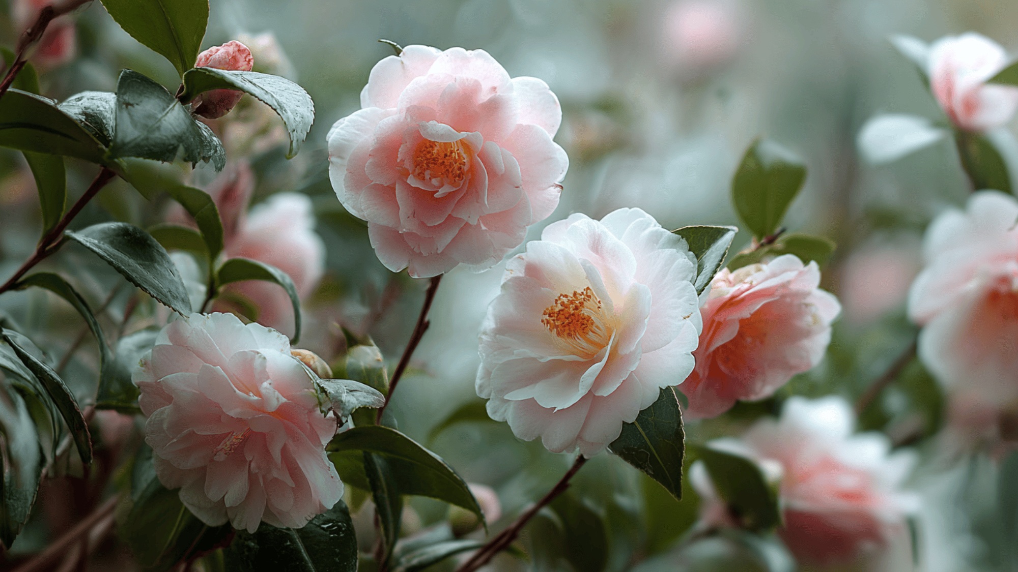 camellia flowers in soft colors during winter