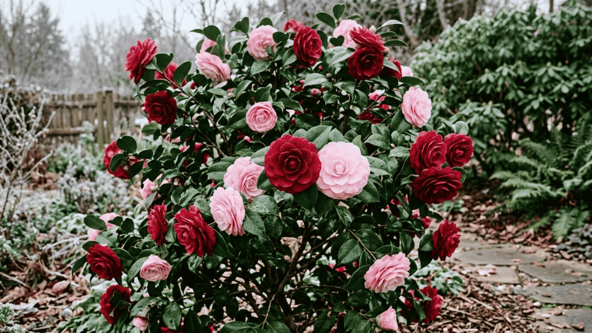 camellia shrub with large rose like red and pink flowers blooming against glossy dark green evergreen leaves in winter