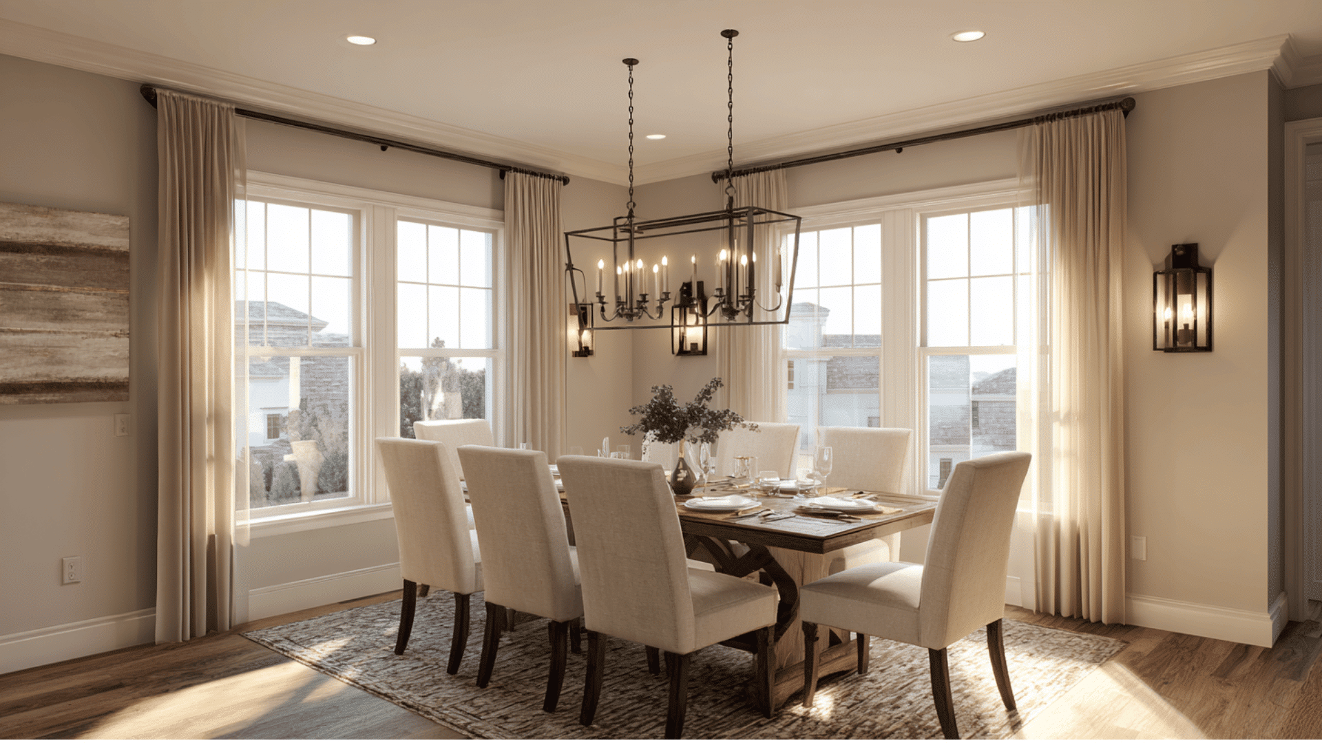 candle style chandelier above dining table with soft warm lighting and open design