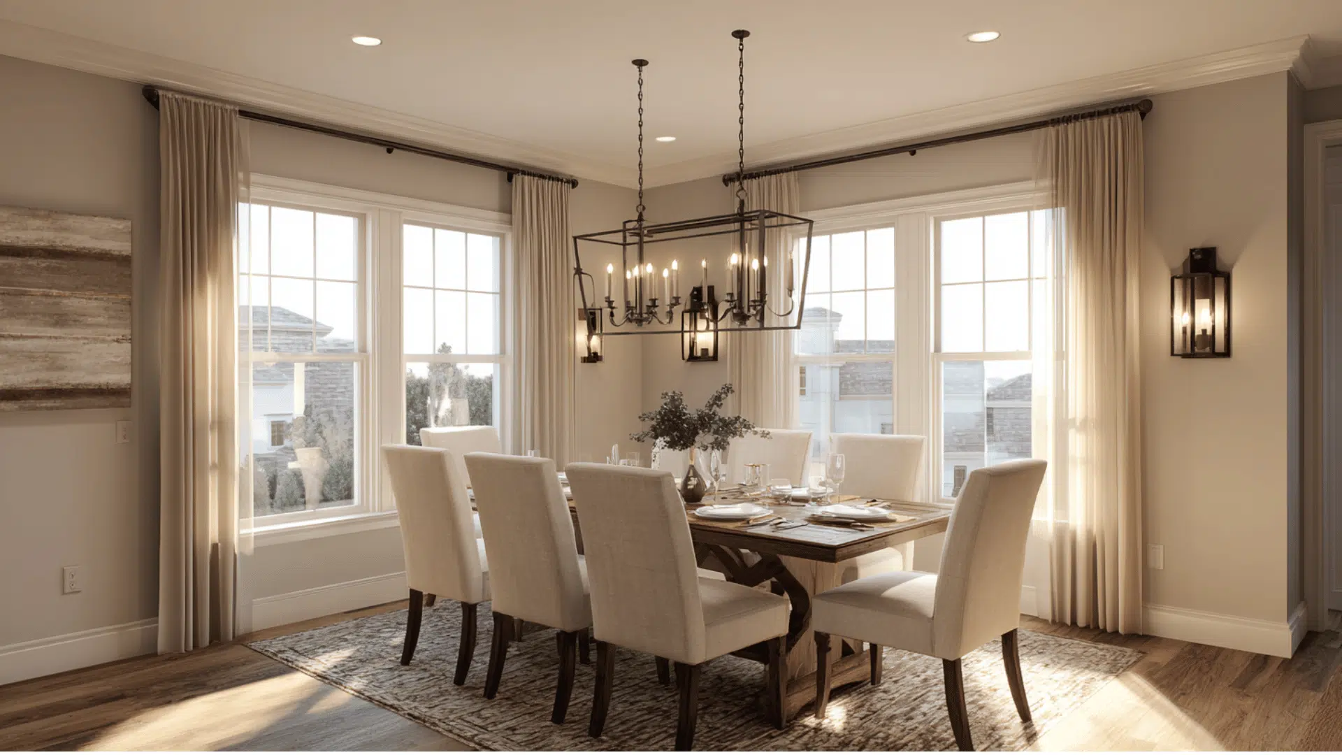 candle style chandelier above dining table with soft warm lighting and open design