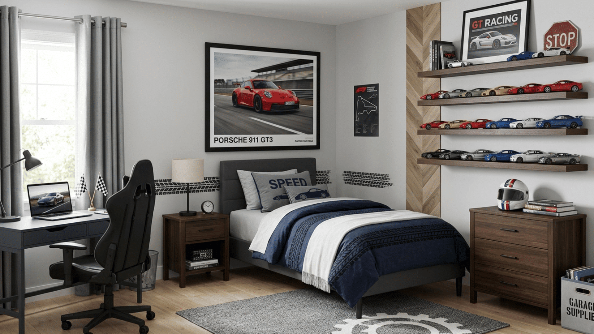 car themed teen bedroom with posters model cars and clean neutral decor
