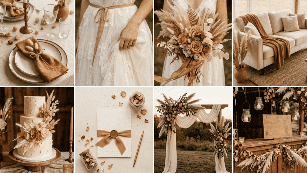 caramel and cream wedding color scheme collage with warm neutral decor fabrics and florals