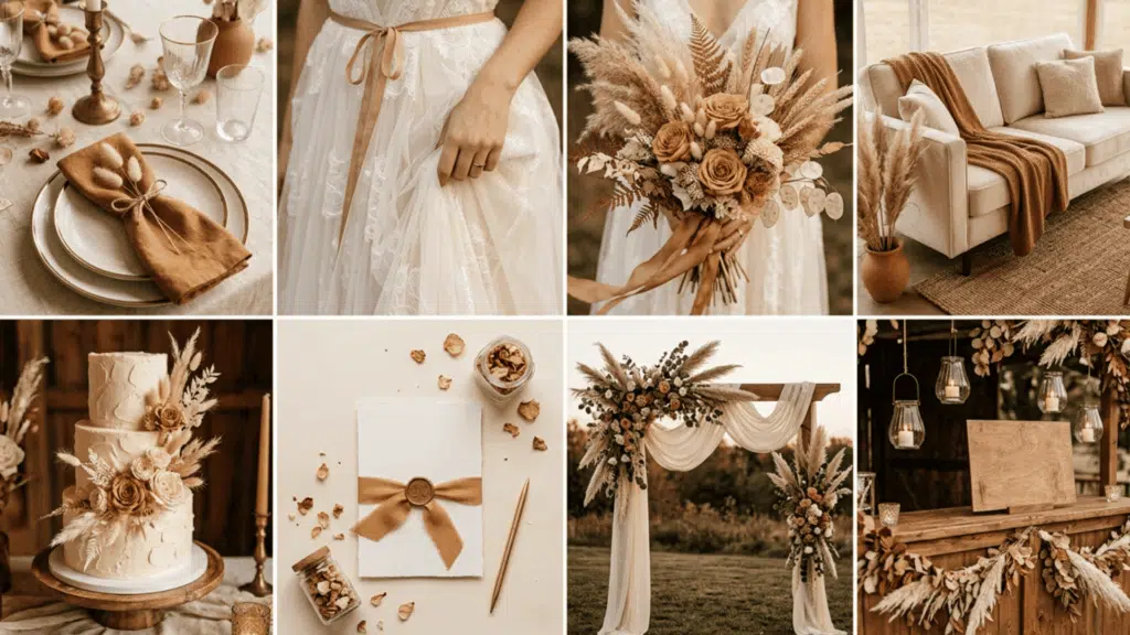 caramel and cream wedding color scheme collage with warm neutral decor fabrics and florals