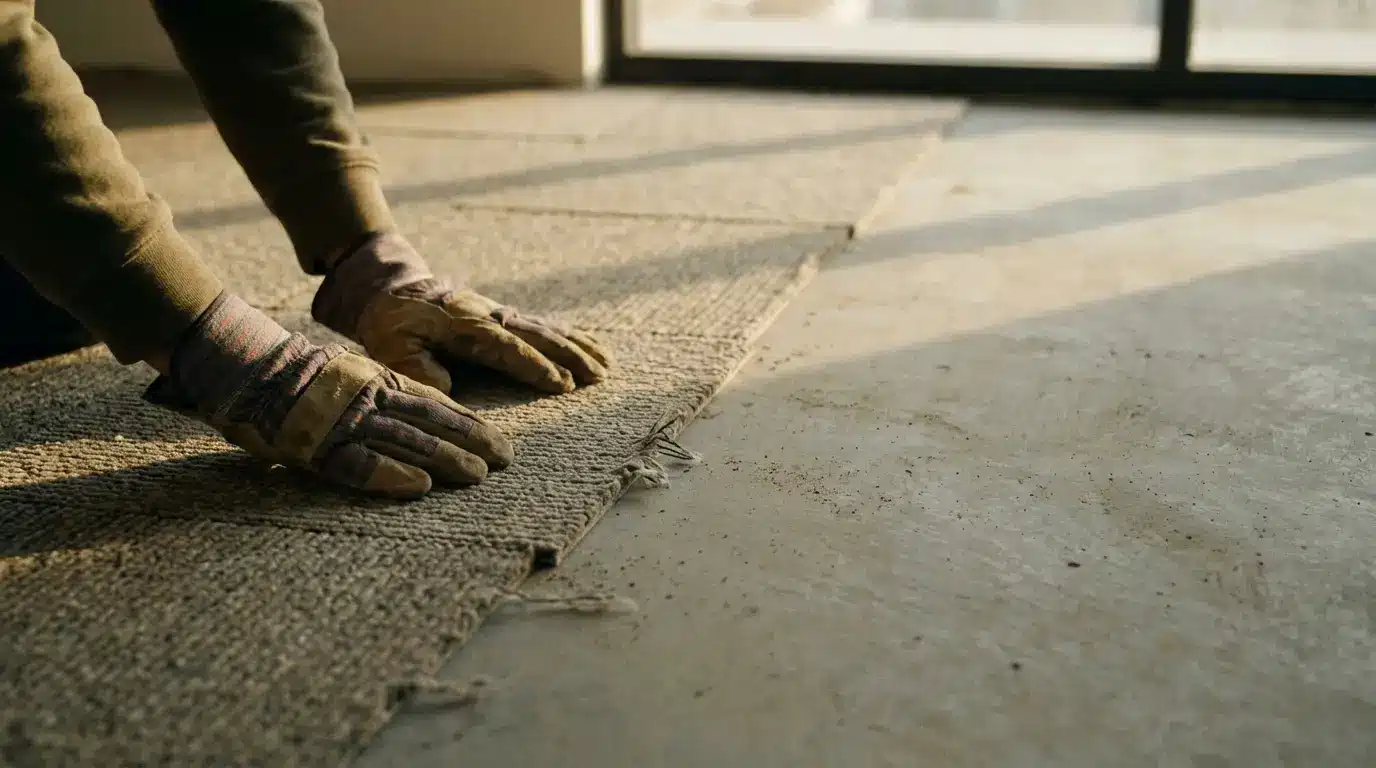 Hands in work gloves installing jute carpet on concrete floor in sunlit room