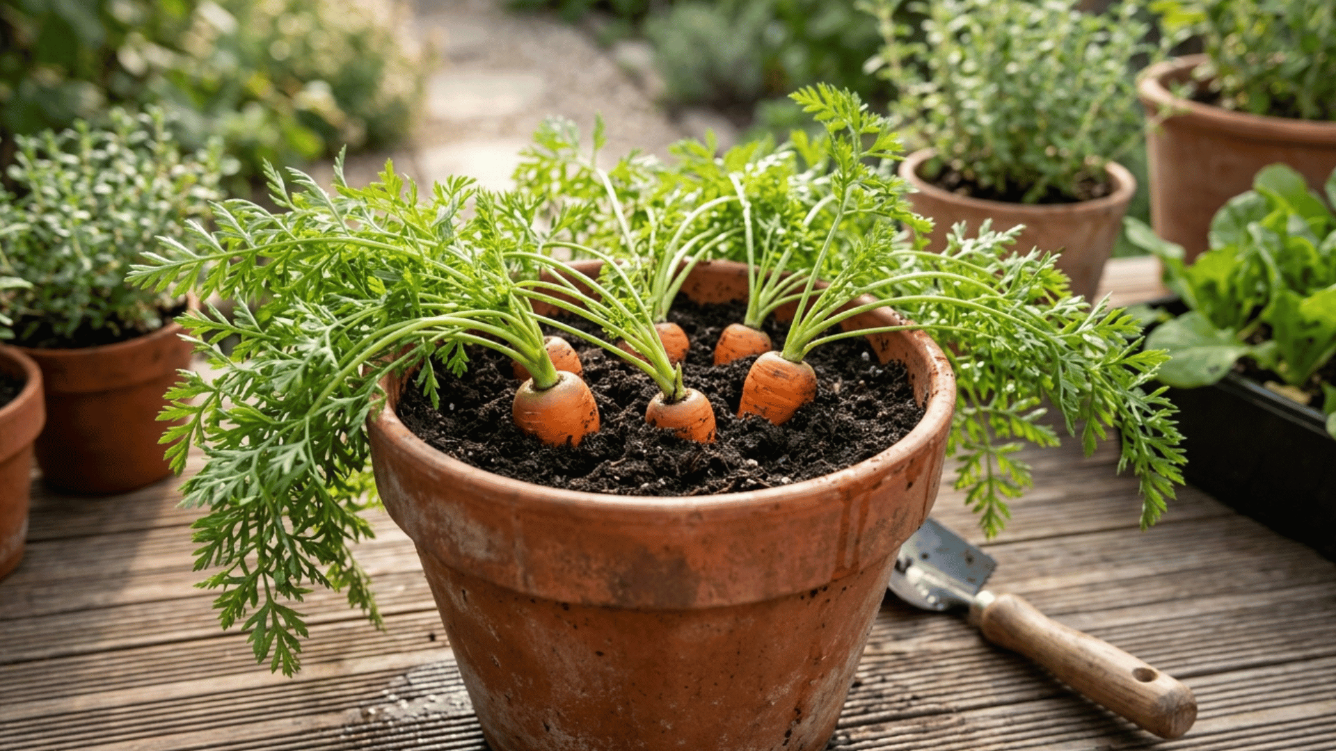 carrots growing in a pot with leafy tops visible on a wooden garden table.