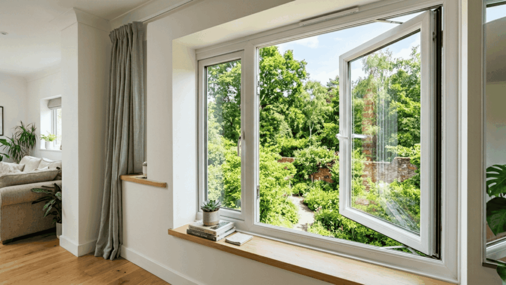 casement pvc window opened outward with green outdoor scenery visible through the glass panel