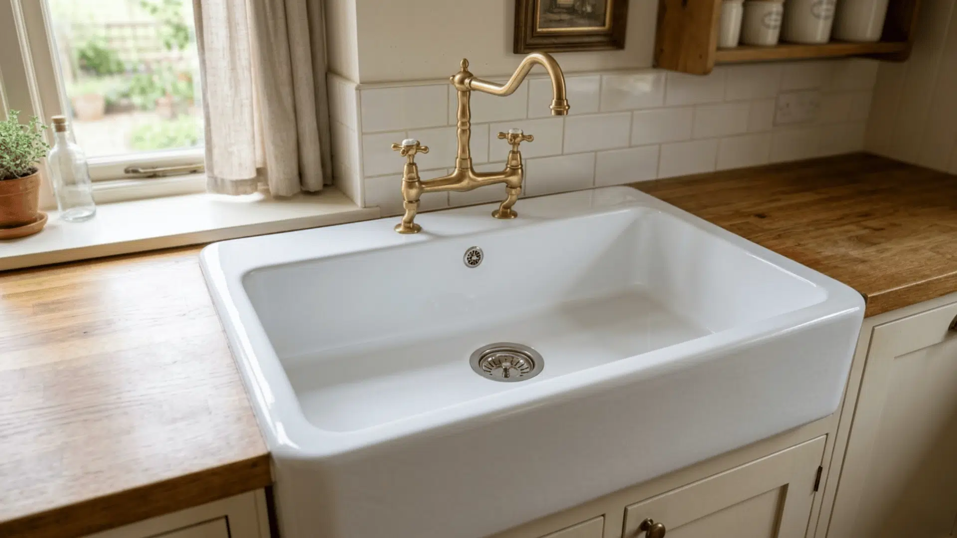 cast iron sink with enamel coating and smooth clean empty basin on classic kitchen countertop surface