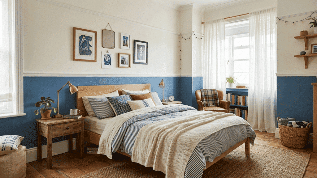 casual bedroom with denim blue lower wall and warm white upper wall styled with natural materials and simple furniture