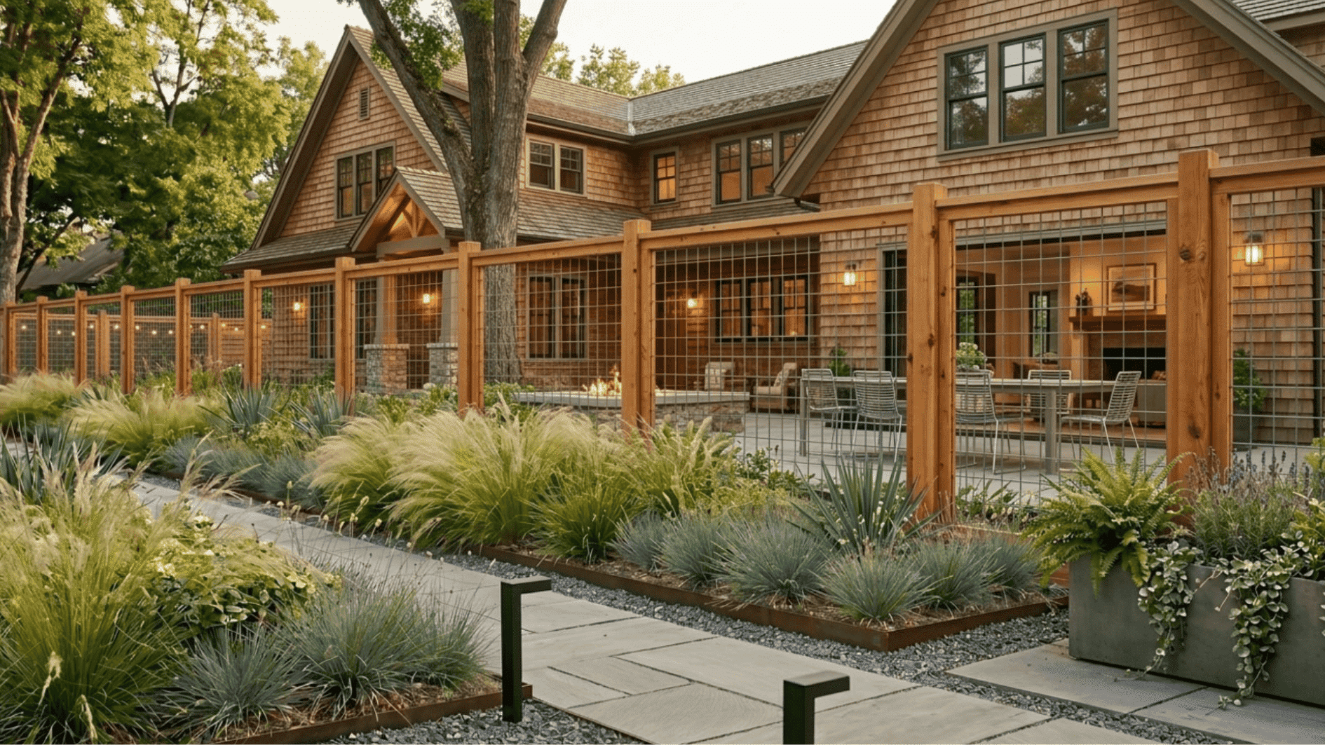 cedar hog wire fence with warm wood posts and wire panels in sunny yard