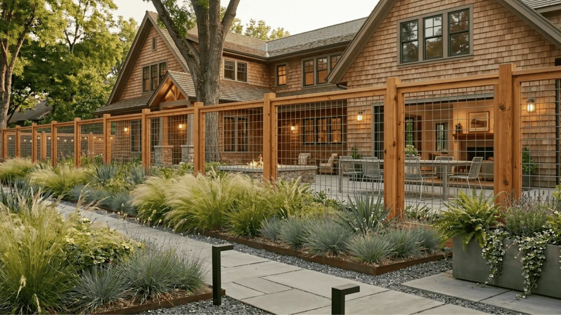 cedar hog wire fence with warm wood posts and wire panels in sunny yard