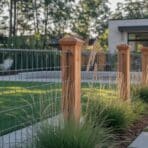 cedar post hog wire fence along modern landscaped yard with pathway and lawn