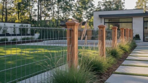 cedar post hog wire fence along modern landscaped yard with pathway and lawn
