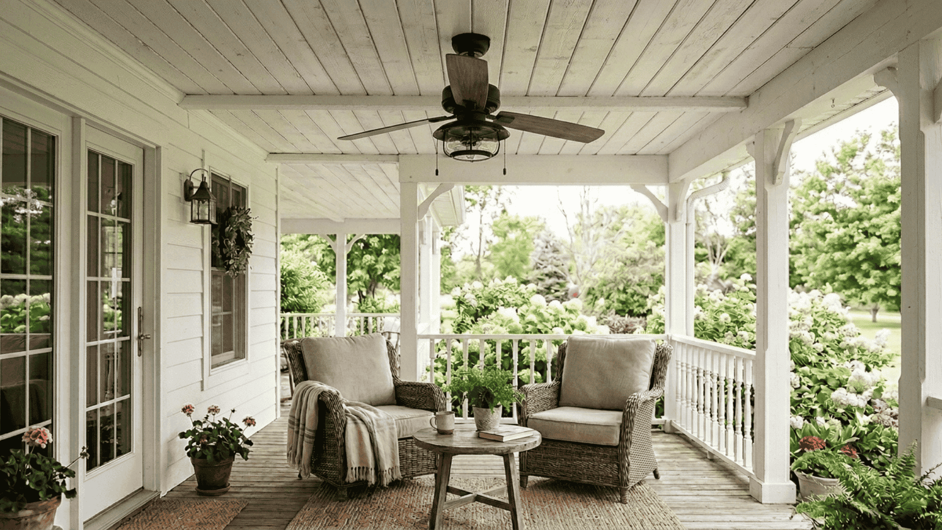 ceiling fan with wooden blades and matte black hardware above farmhouse porch seating area with neutral chairs