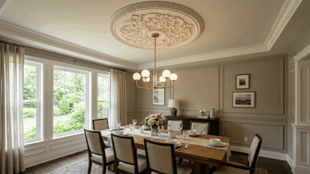 ceiling medallion paired with simple chandelier adds architectural detail while keeping the room balanced and refined