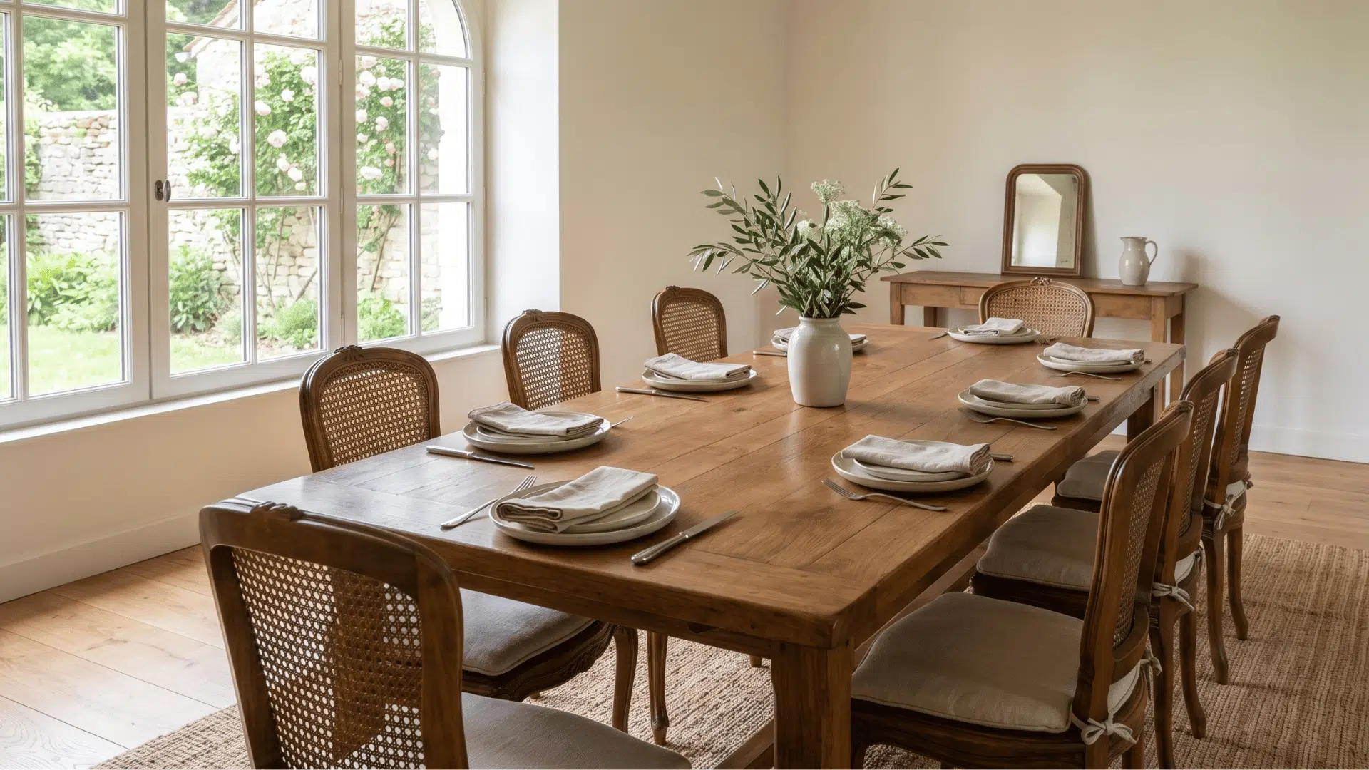 centers the room with a simple wooden table that supports a clean and relaxed dining setup