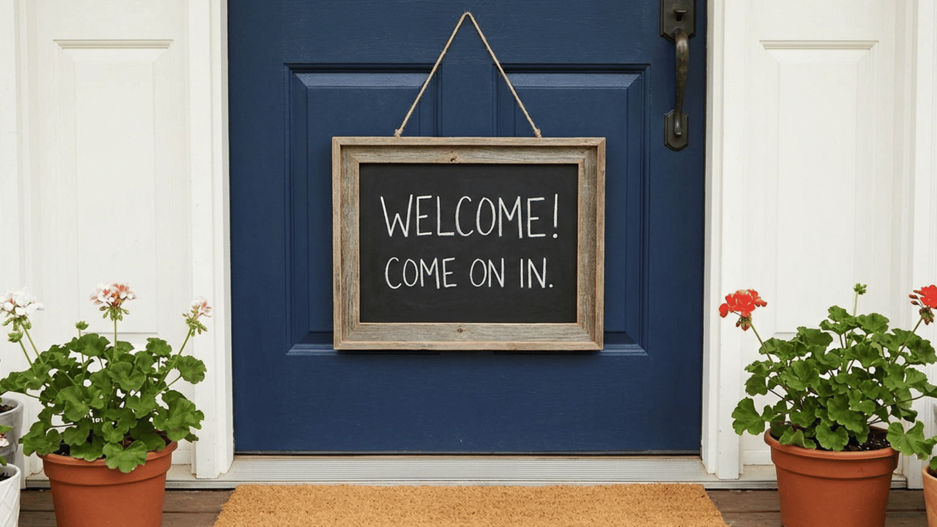chalkboard sign on front door with potted flowers and welcome mat.