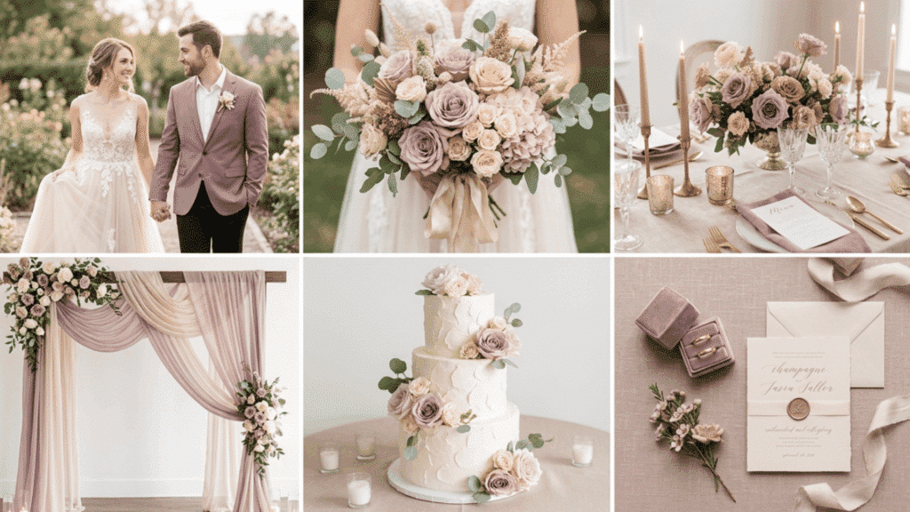 champagne and mauve wedding color scheme collage with soft florals candles and neutral decor