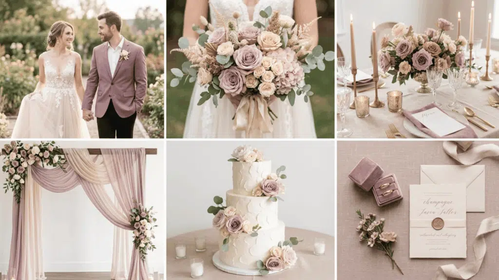 champagne and mauve wedding color scheme collage with soft florals candles and neutral decor