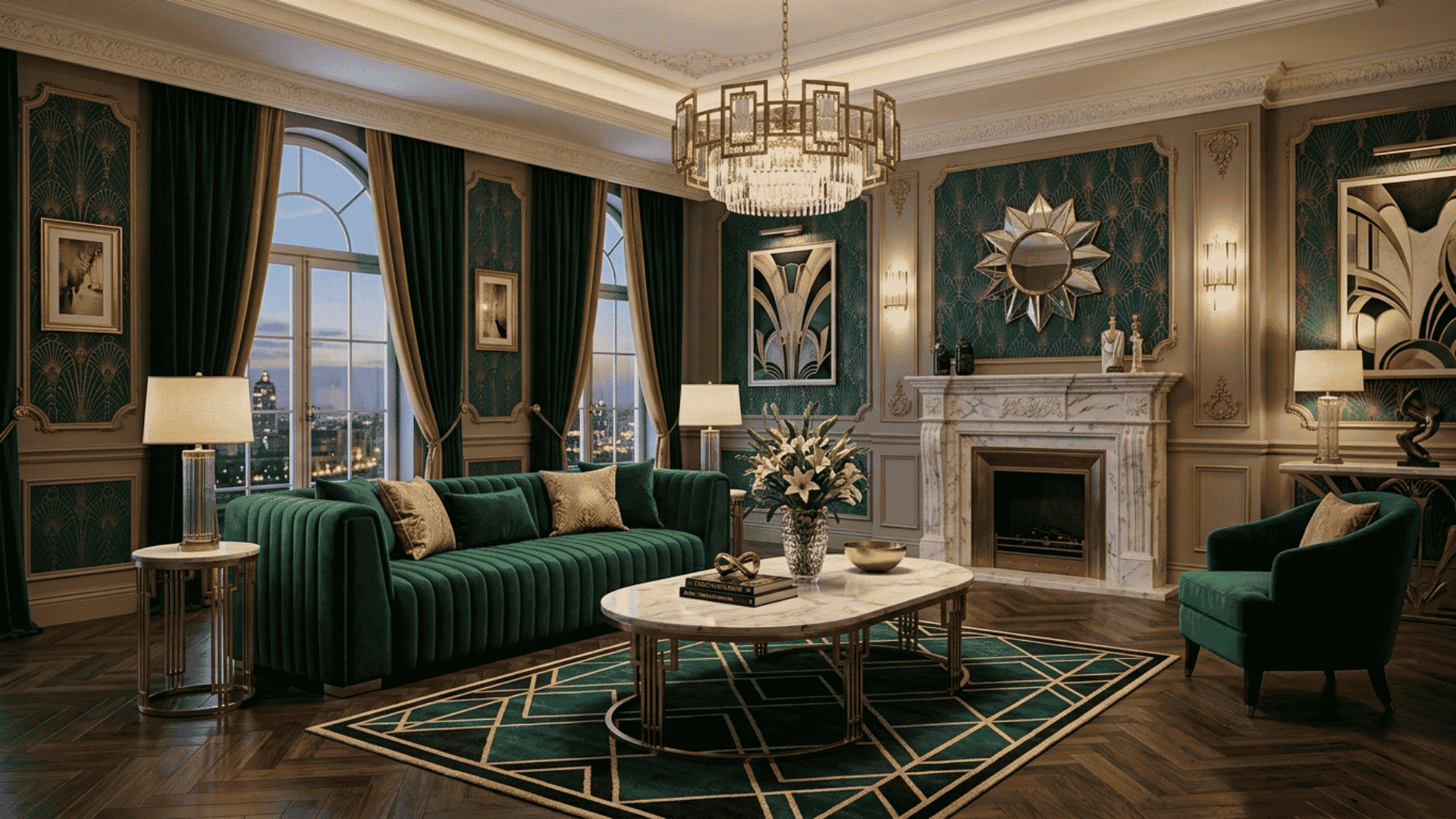 channel tufted velvet sofa in formal living room with marble table and soft lighting in art deco decor setting