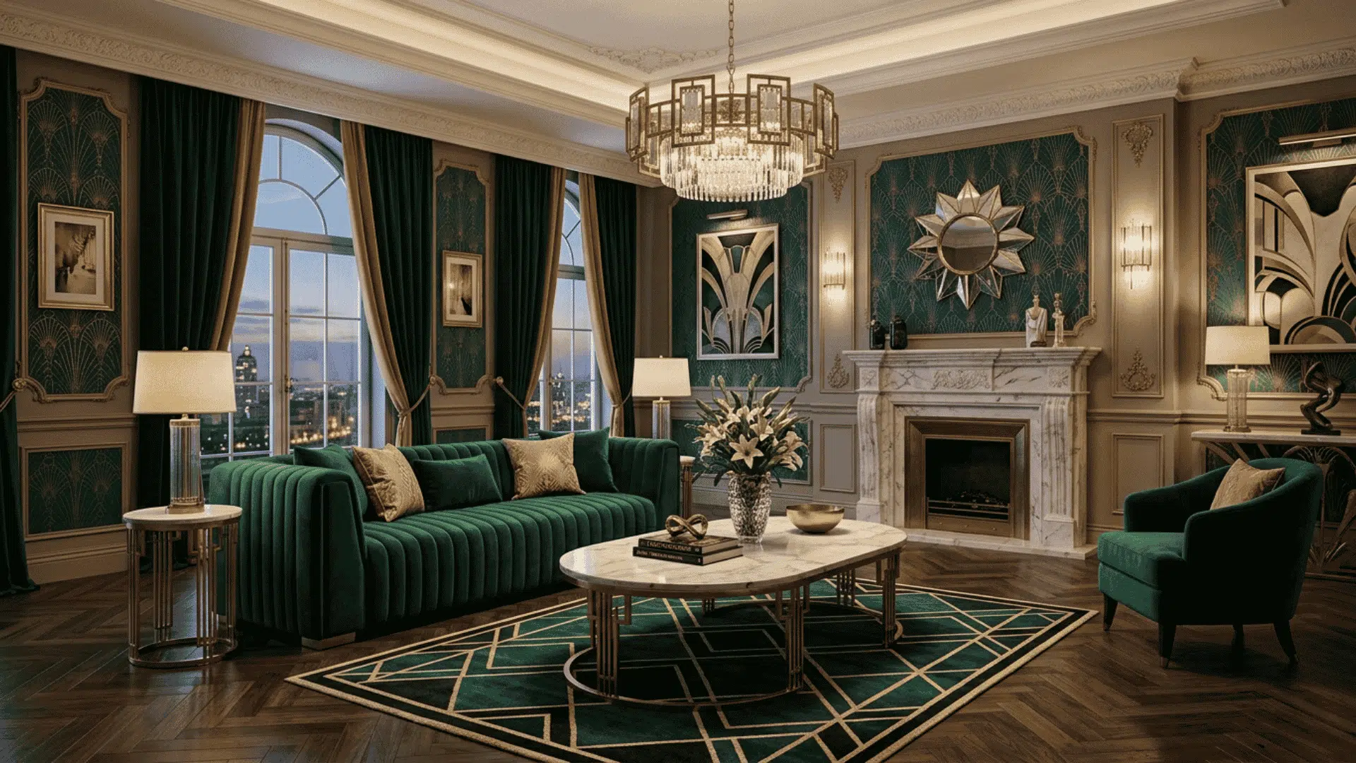 channel tufted velvet sofa in formal living room with marble table and soft lighting in art deco decor setting