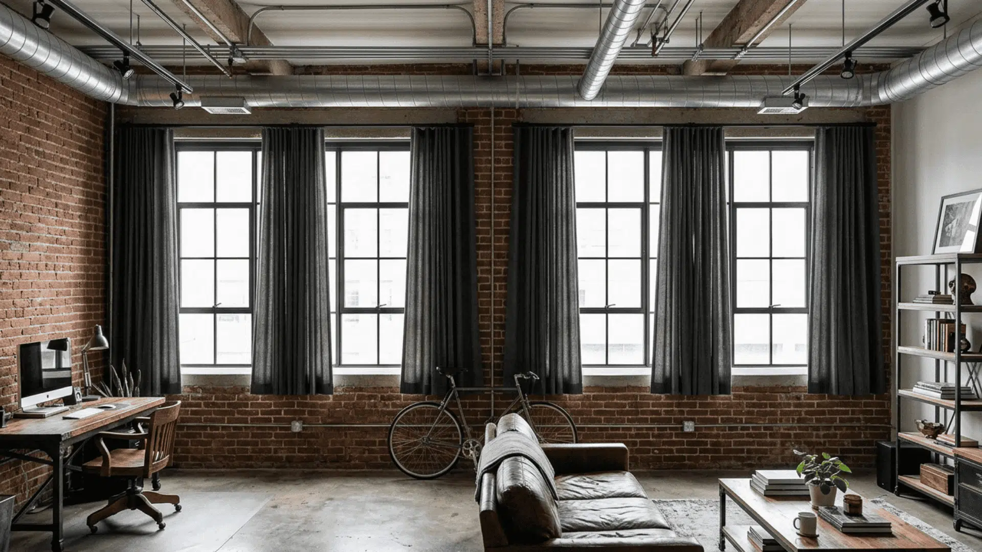 charcoal gray sill length curtains covering full window from top to sill in an industrial open plan room with exposed brick and concrete flooring