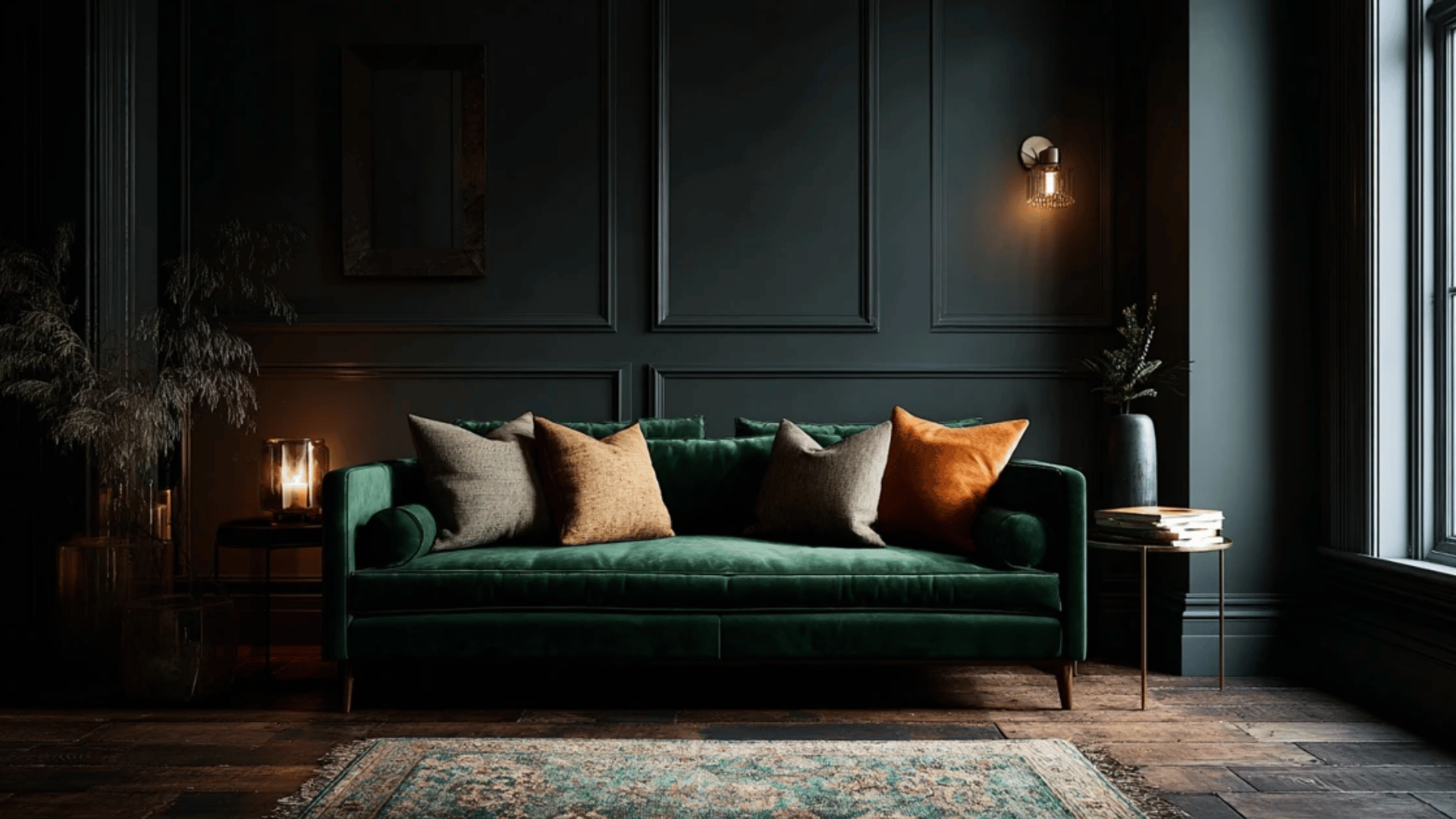 charcoal living room with forest green sofa and warm cozy lighting