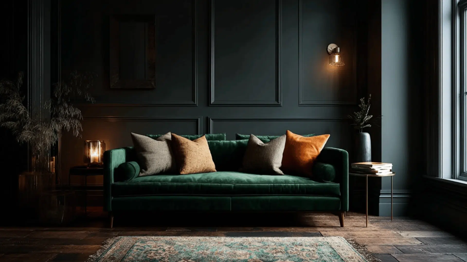 charcoal living room with forest green sofa and warm cozy lighting