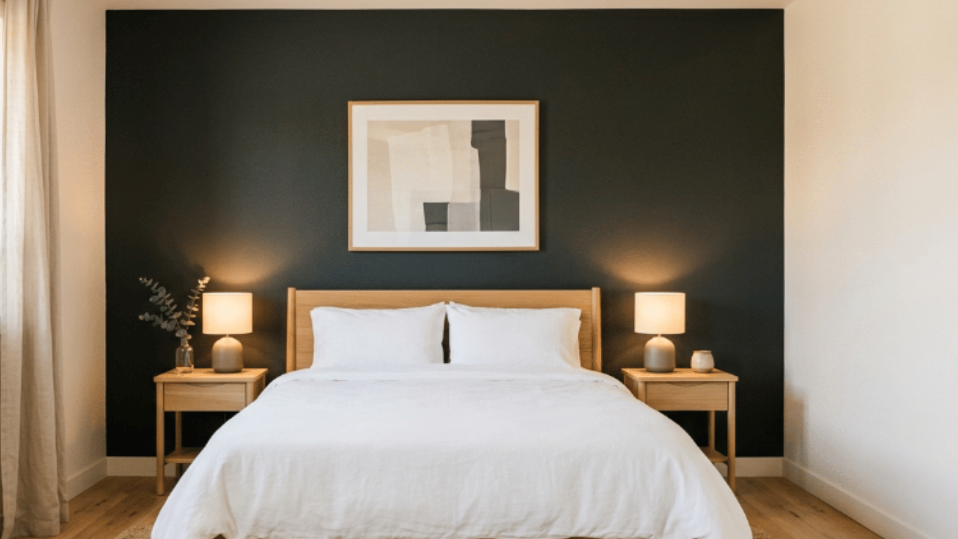 charcoal wall behind the bed, adding depth and contrast to a light bedroom setup