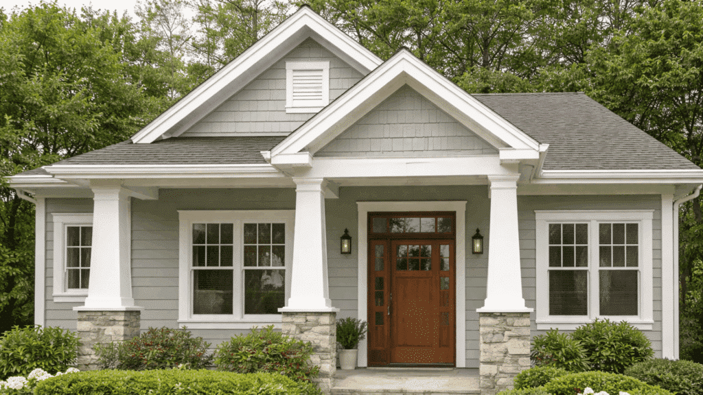 charming house exterior in escape gray with white trim and lush landscaping