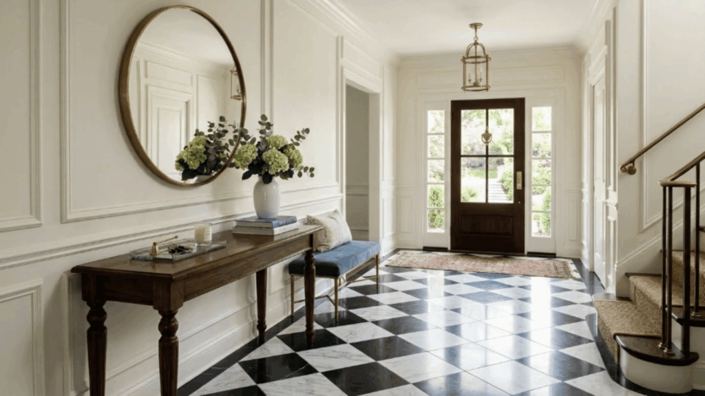 checkerboard marble flooring creates a bold entryway that feels classic dramatic and welcoming from the first step