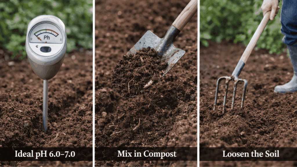 checking soil pH, adding compost, and loosening soil for healthy broccoli growth