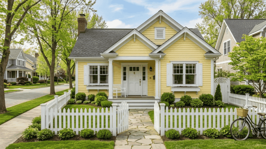 cheerful cottage with pale yellow siding white trim picket fence colorful garden bright sunny spring neighborhood