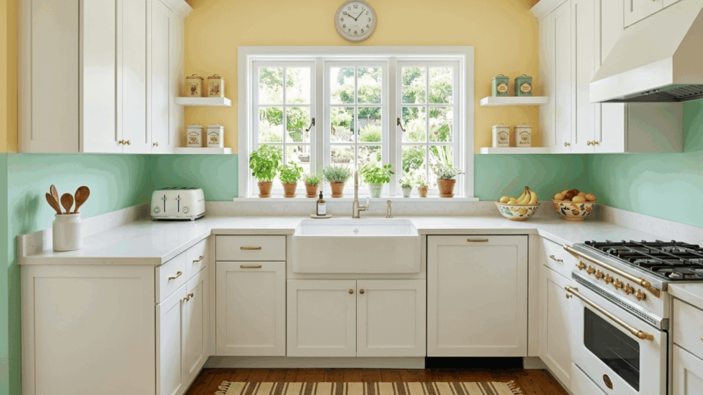 cheerful kitchen with mint green lower wall and pale yellow upper wall styled with white cabinetry and simple decor